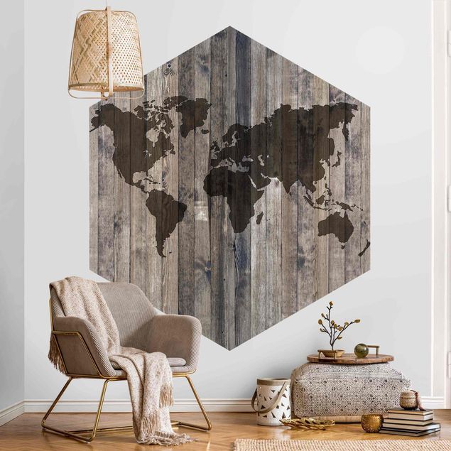 Papel pintado hexagonal Wooden World Map