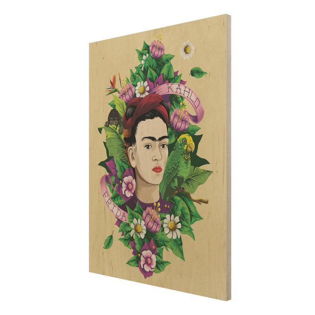 Cuadros de madera flores Frida Kahlo - Frida, Monkey And Parrot