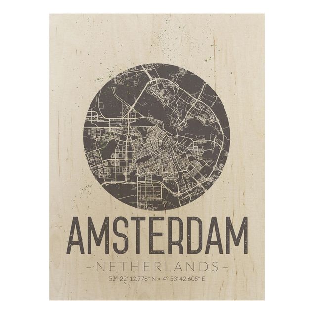 Cuadros de madera con frases Amsterdam City Map - Retro