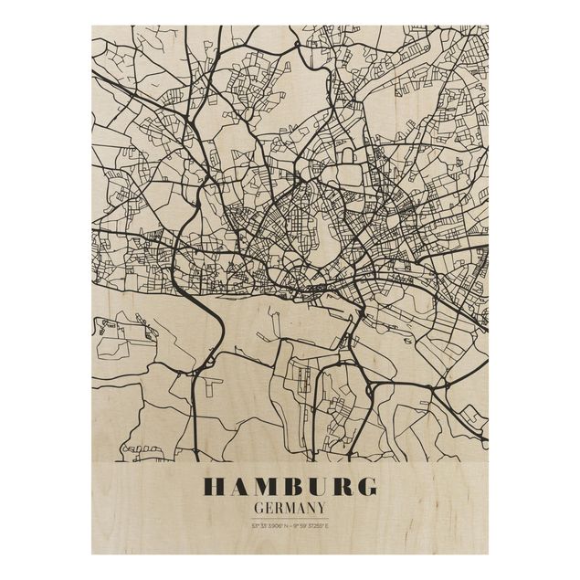 cuadros en madera con frases Hamburg City Map - Classic