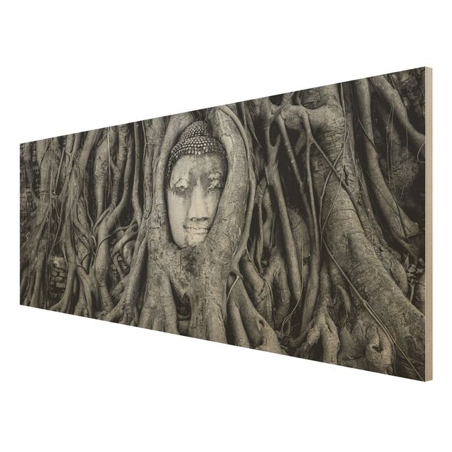 Cuadros de madera paisajes Buddha In Ayutthaya Lined From Tree Roots In Black And White