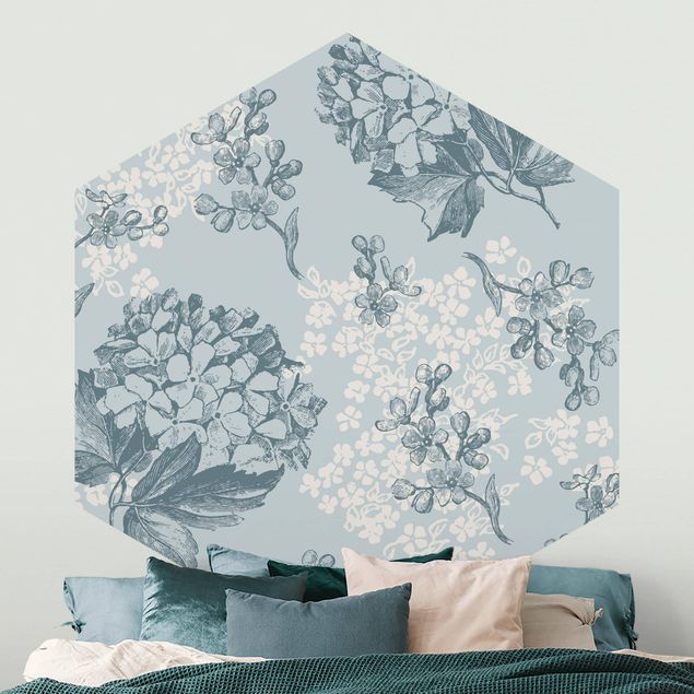 Papel pared flores Hydrangea Pattern In Blue