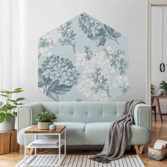 Papel pintado salón moderno Hydrangea Pattern In Blue