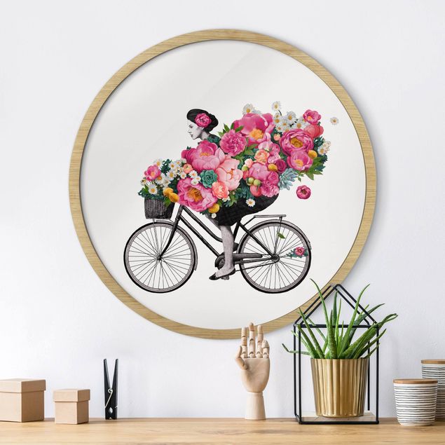 Pósters enmarcados flores Illustration Woman On Bicycle Collage Colourful Flowers