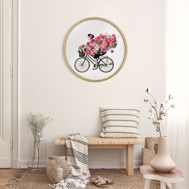 Cuadros flores Illustration Woman On Bicycle Collage Colourful Flowers
