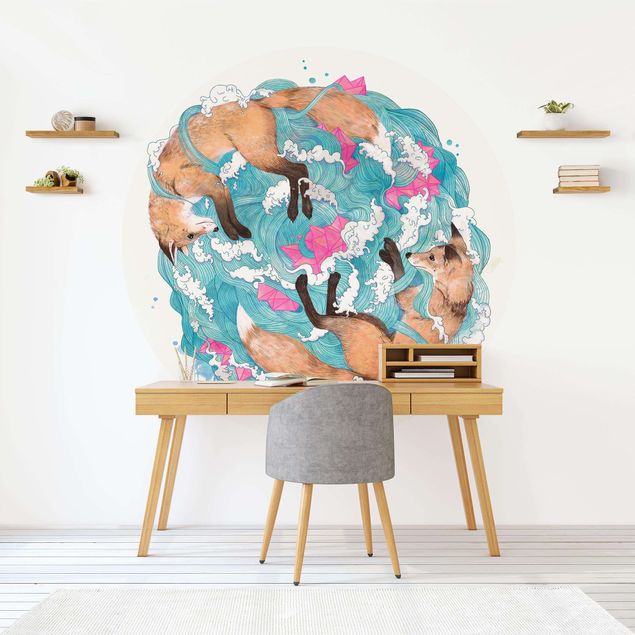 Papel pintado con patrones Illustration Foxes And Waves Painting
