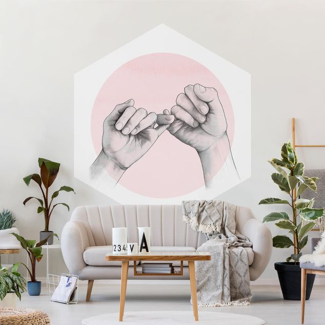 Papel pintado hexagonal Illustration Hands Friendship Circle Pink White
