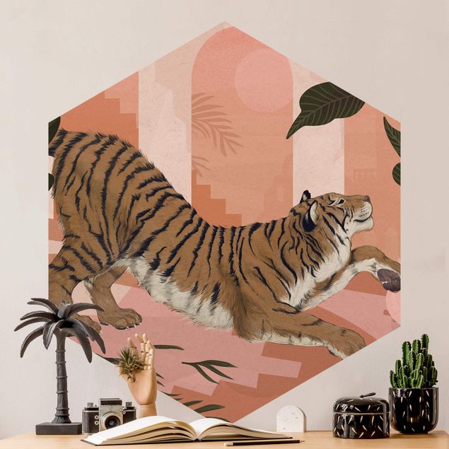 Papel pintado tigres Illustration Tiger In Pastel Pink Painting