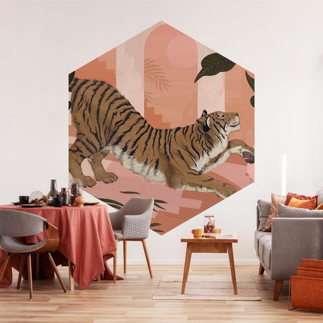 Papel pintado moderno Illustration Tiger In Pastel Pink Painting