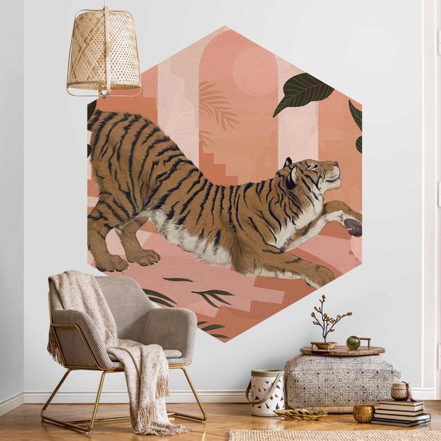Papel pintado hexagonal Illustration Tiger In Pastel Pink Painting