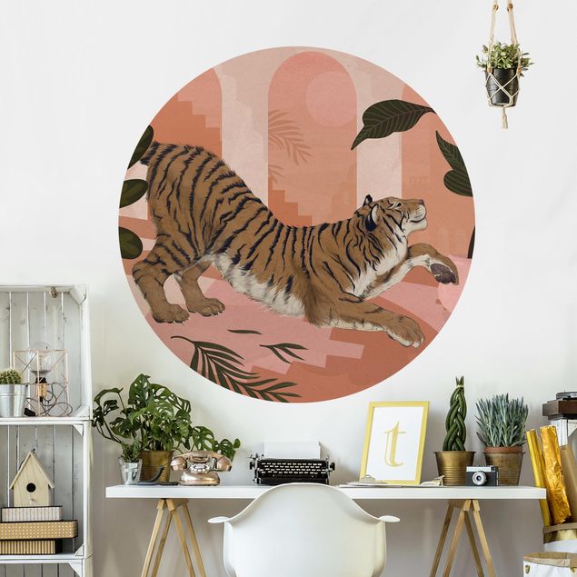Papel pintado tigres Illustration Tiger In Pastel Pink Painting