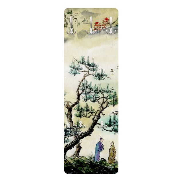 Perchero madera pared Japanese Watercolour Drawing Pine And Mountain Village