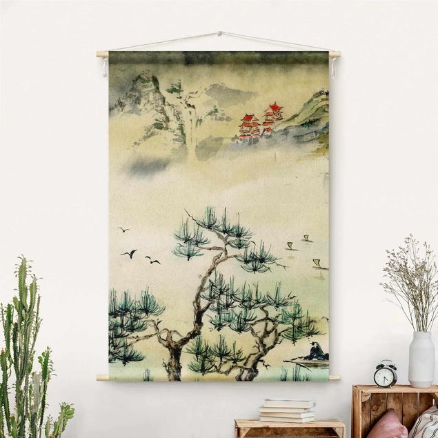 Tapices de pared modernos Japanese Watercolour Drawing Pine Tree And Mountain Village