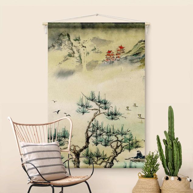 Tapices de bosque Japanese Watercolour Drawing Pine Tree And Mountain Village