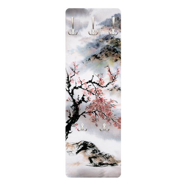 Perchero gris Japanese Watercolour Drawing Cherry Tree And Mountains