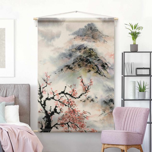 Tapices de pared modernos Japanese Watercolour Drawing Cherry Tree And Mountain