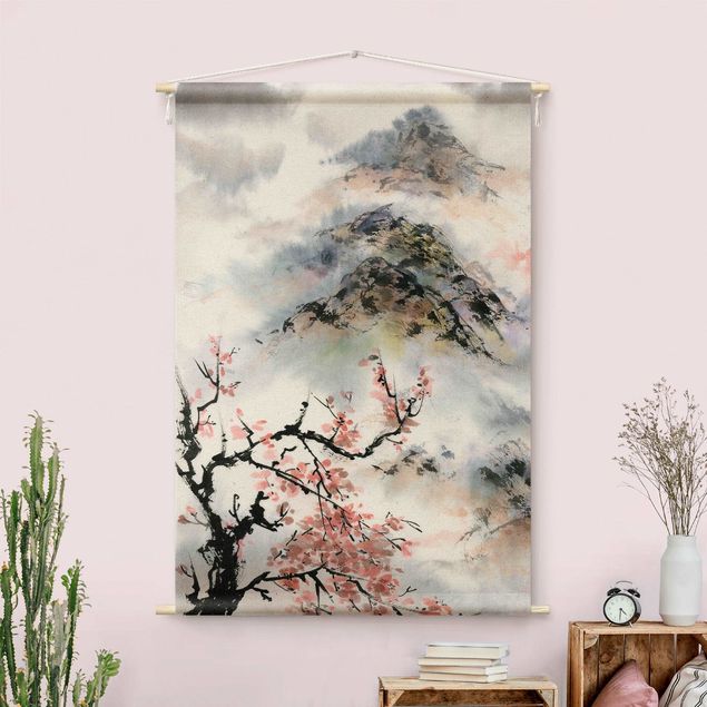 Tapices de bosque Japanese Watercolour Drawing Cherry Tree And Mountain