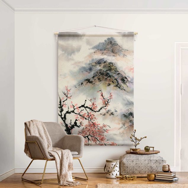 Decoración de cocinas Japanese Watercolour Drawing Cherry Tree And Mountain