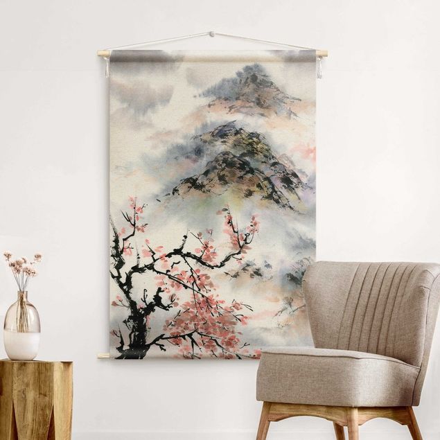 Tapices naturaleza Japanese Watercolour Drawing Cherry Tree And Mountain