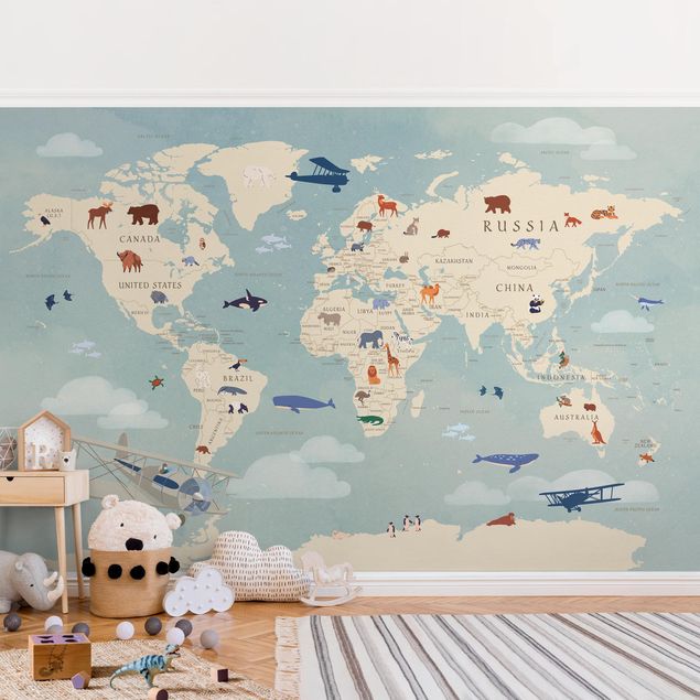 Papel pintado vintage Map With With Animals Of The World