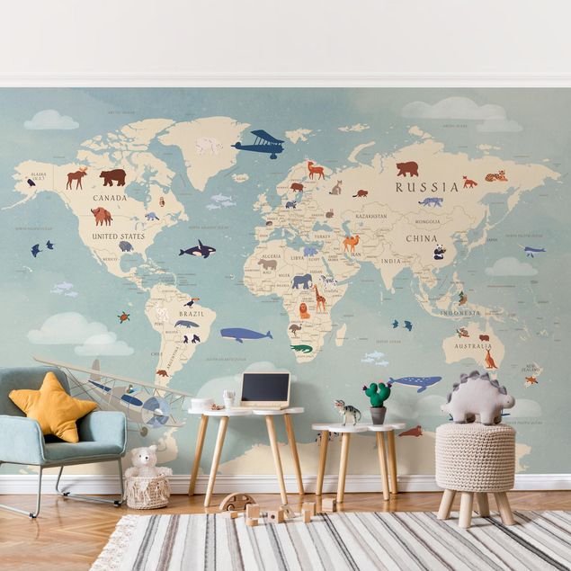 Decoración habitación infantil Map With With Animals Of The World