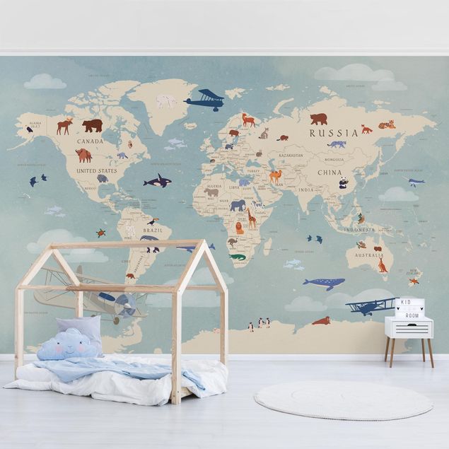 Papel pintado moderno Map With With Animals Of The World