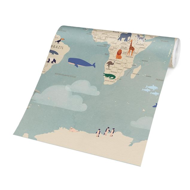 Papel pintado azul Map With With Animals Of The World