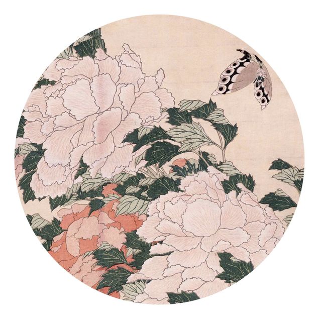 Láminas cuadros famosos Katsushika Hokusai - Pink Peonies With Butterfly