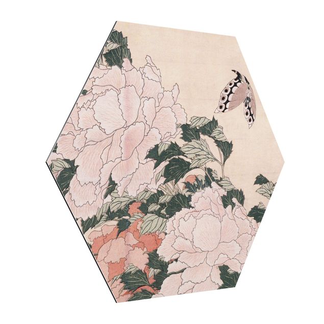 Cuadros plantas Katsushika Hokusai - Pink Peonies With Butterfly