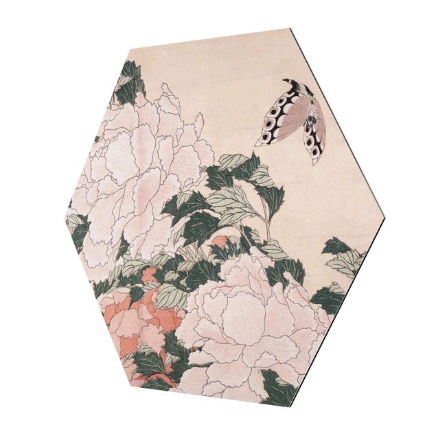 Cuadros famosos Katsushika Hokusai - Pink Peonies With Butterfly