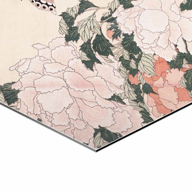 Cuadros naranjas Katsushika Hokusai - Pink Peonies With Butterfly