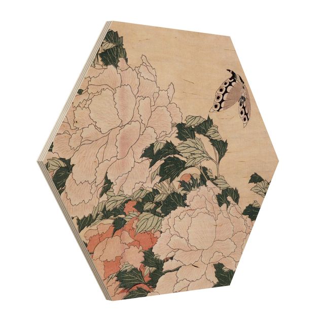 Cuadros de madera flores Katsushika Hokusai - Pink Peonies With Butterfly