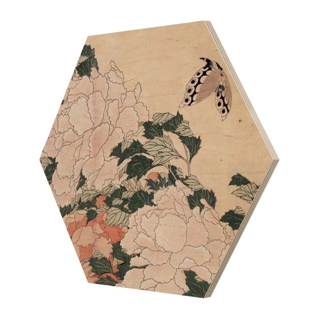 Cuadros de flores Katsushika Hokusai - Pink Peonies With Butterfly