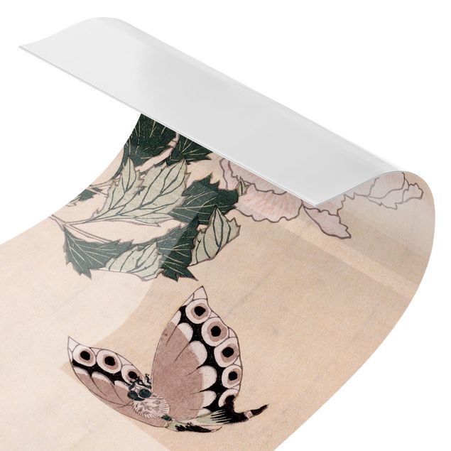 ola de hokusai cuadro Katsushika Hokusai - Pink Peonies With Butterfly