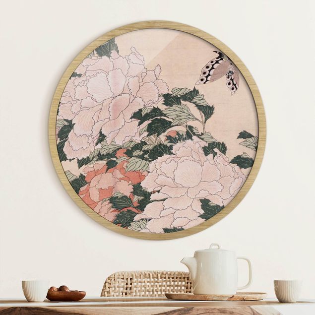 Pósters enmarcados de cuadros famosos Katsushika Hokusai - Pink Peonies With Butterfly