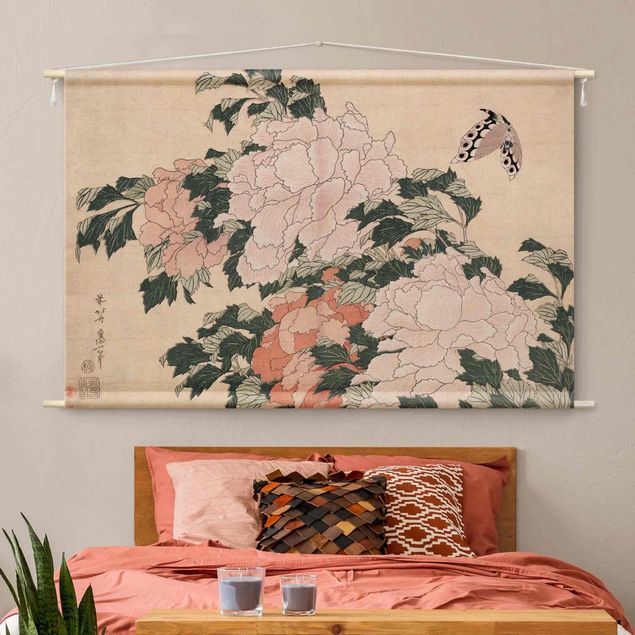 Tapices vintage Katsushika Hokusai - Pink Peonies With Butterfly