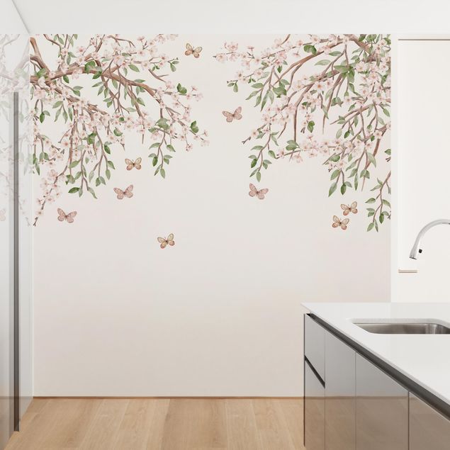 Papel pintado flores Cherry blossom in the butterflies' play of wings