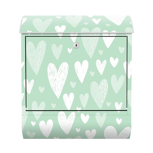 Buzones Small And Big Drawn White Hearts On Green