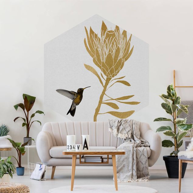 Papel pintado dorado Hummingbird And Tropical Golden Blossom