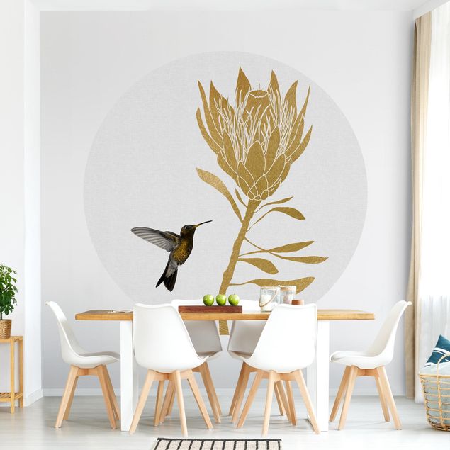 Papel pintado flores Hummingbird And Tropical Golden Blossom