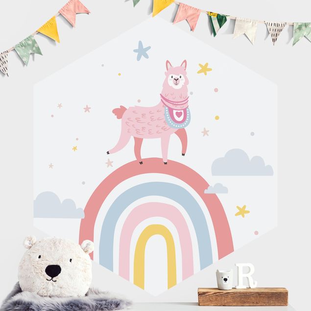 Decoración habitación infantil Lama On Rainbow With Stars And Dots