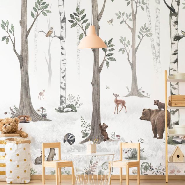 Papel pintado paisajes naturales Silent white forest with animals