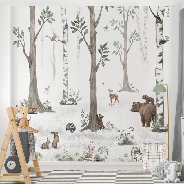 Papel pintado bosque infantil Silent white forest with animals