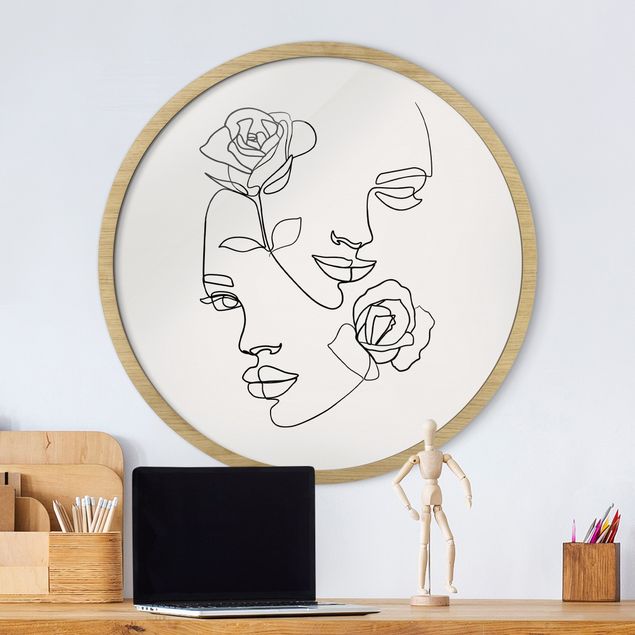 Pósters enmarcados de cuadros famosos Line Art Faces Women Roses Black And White