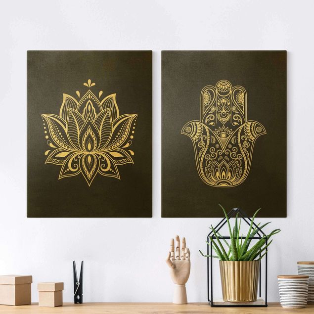 Lienzos de patrones Lotus Illustration And Hamsa Hand Set