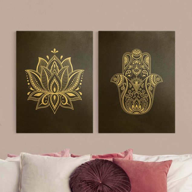 Cuadros negros Lotus Illustration And Hamsa Hand Set