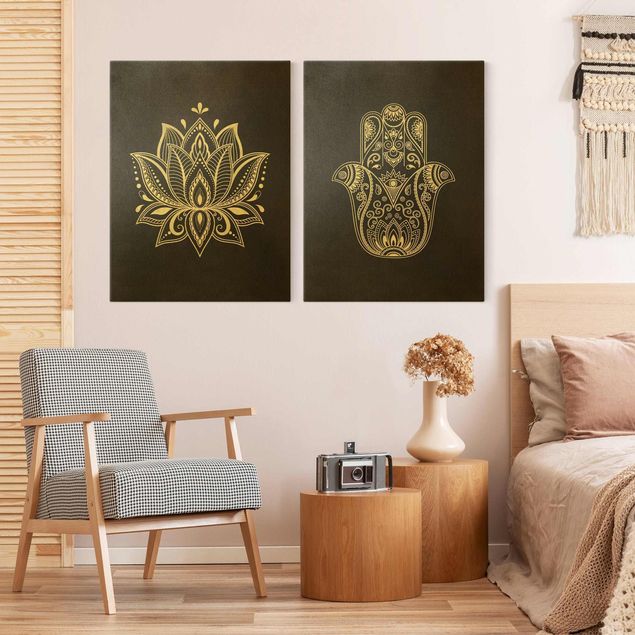 Cuadros de mandalas Lotus Illustration And Hamsa Hand Set
