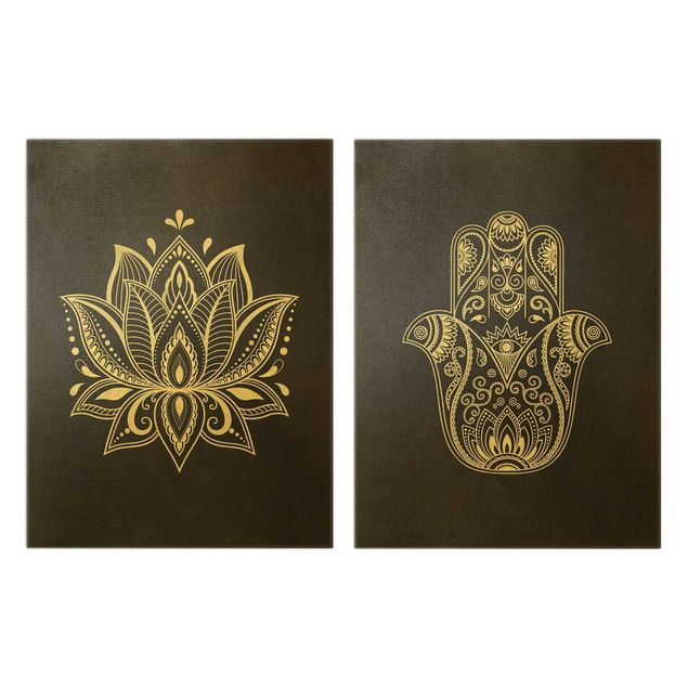 Cuadros decorativos Lotus Illustration And Hamsa Hand Set