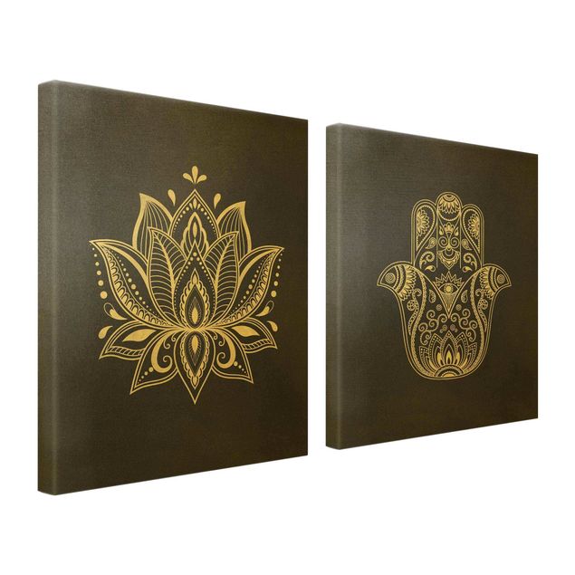 Cuadros en lienzo Lotus Illustration And Hamsa Hand Set