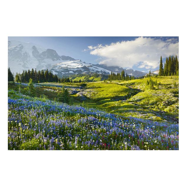 Cuadros árboles Mountain Meadow With Flowers In Front Of Mt. Rainier